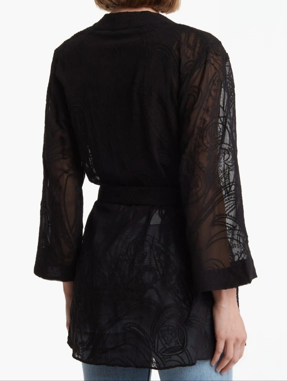 All Saints Carina Ossia Embroidered Tie Waist Wrap Kimono Sheer Black Size 2 - Picture 4 of 8